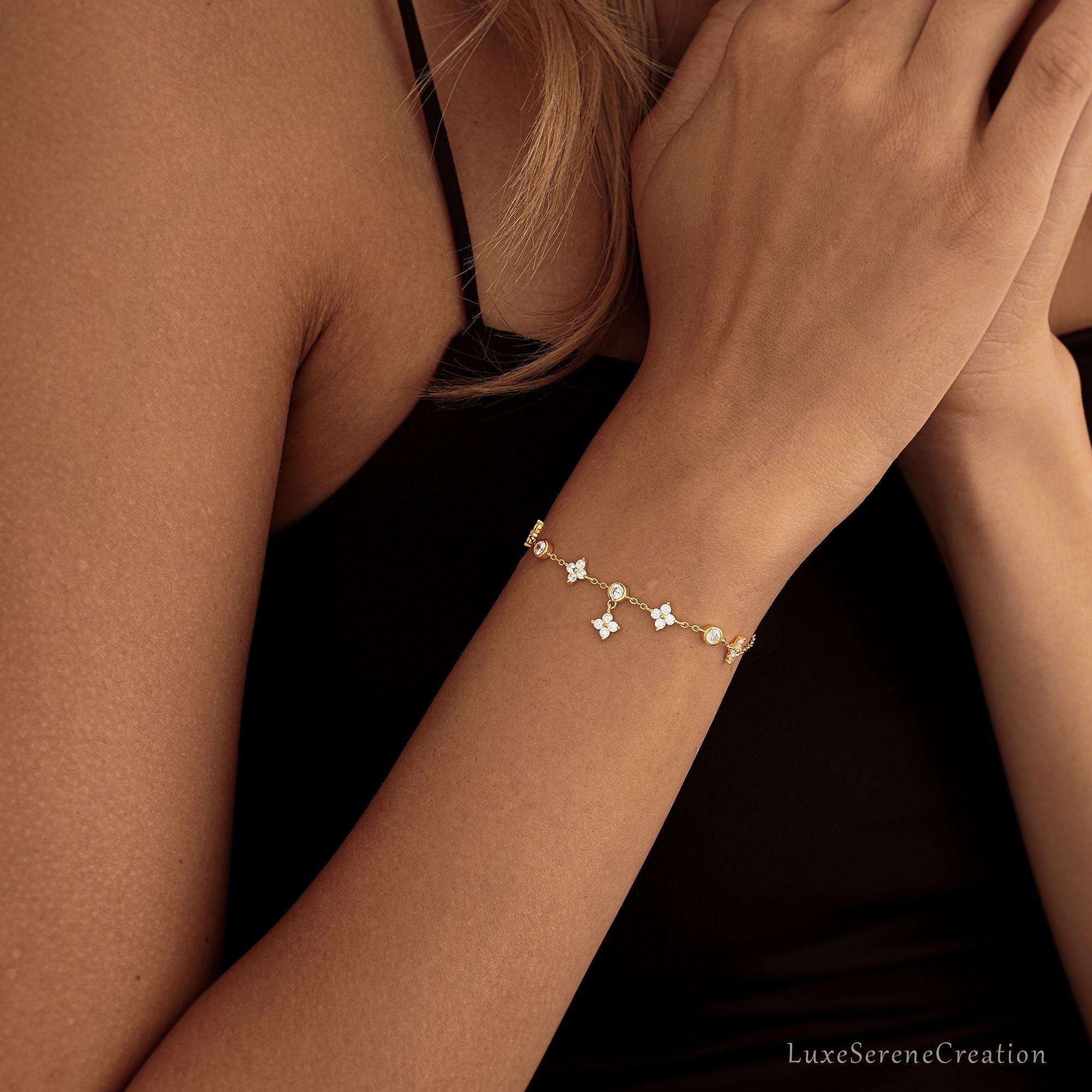 925 Sterling Silver Flowers Diamonds Bracelet Minimalist Diamond