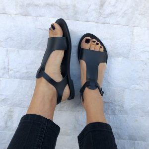 Black Leather T Strap Sandals Slingback Summer Shoes