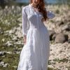 Linen Maxi Dress: White Buttons Casual Shirt Style