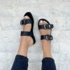 Handmade Black Leather Slide Sandals Flat Greek Summer