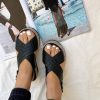 Black Leather Platform Sandals Criss Cross Wedges Espadrille