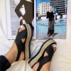 Black Leather Platform Sandals Criss Cross Wedges Espadrille