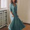 Blue Green Linen Maxi Dress Summer Wrap Elegant