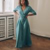 Blue Green Linen Maxi Dress Summer Wrap Elegant