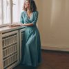 Blue Green Linen Maxi Dress Summer Wrap Elegant