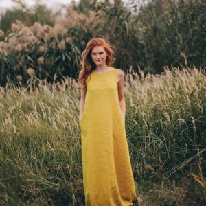 Mustard Yellow Linen Dress Summer For Women Romantic
