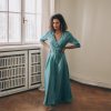 Blue Green Linen Maxi Dress Summer Wrap Elegant