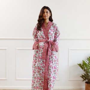 Long Hand Block Print Kimono Robe In Vibrant