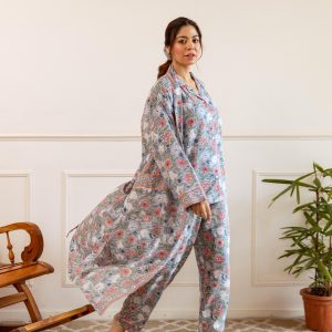 Long Hand Block Print Kimono Robe In Meadow